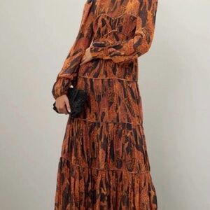 Farm Rio Long Sleeve Animal Print Giraffe  Tiered Maxi Dress XXS